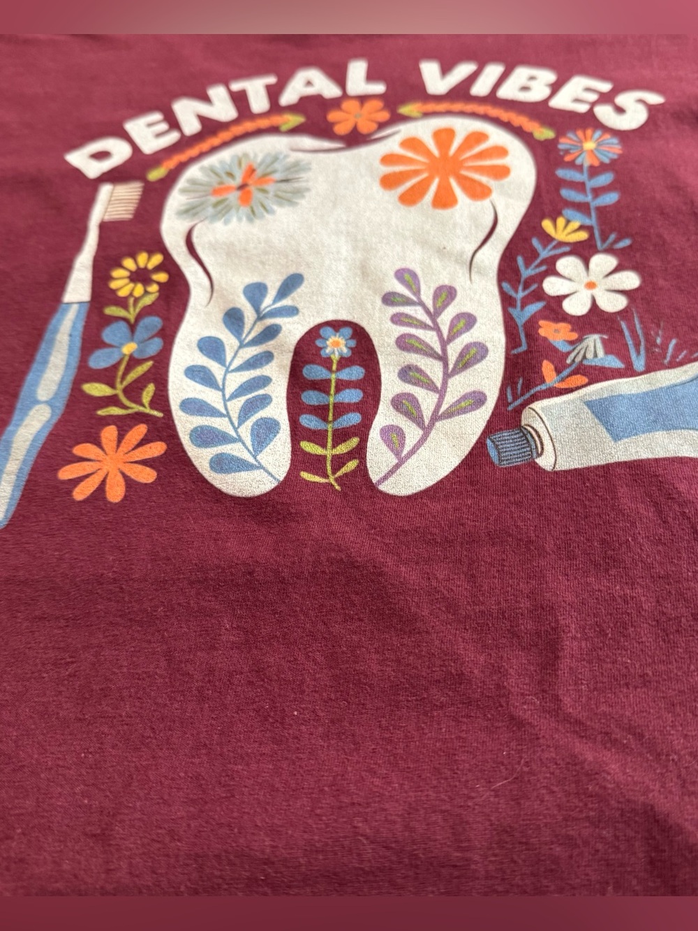 Port & Company Dental Vibes Maroon Shirt Size S Retro Boho Floral Tooth Graphic - Picture 3 of 6